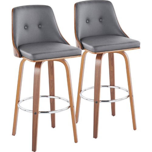 Gianna Swivel Bar Stool in Walnut Wood & Grey Leatherette w/ Chrome Footrest (Set of 2)